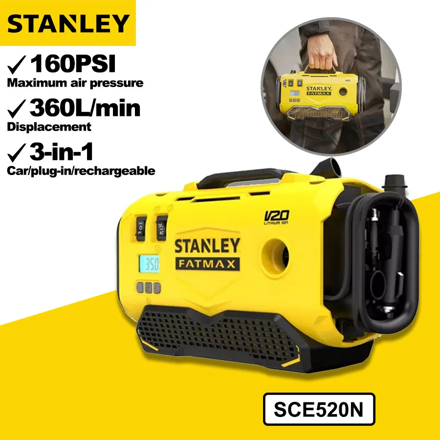 Stanley 20V 3 v 1 nafukovacie čerpadlá auto/plug-in/batéria Elektrické vzduchové čerpadlo nabíjateľné prenosné nafúknutie pneumatiky SCE520