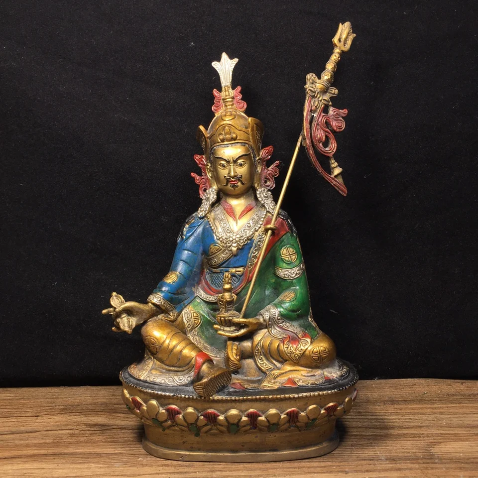 Staroveká Čína rafinovaná čistá meď maľovaná guru rinpočhe Padmasambhava Buddha socha