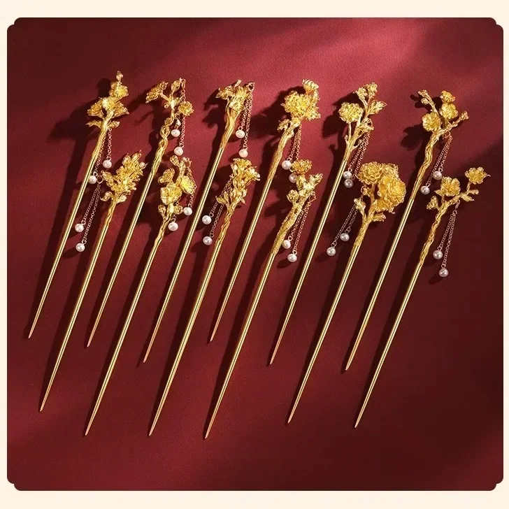 Staroveké zlaté remeselnícke strapca Hanfu Tiara Romantické a kreatívne vysokokvalitné kvety Lily Blossom Hair šperky pre ženy vlásenky