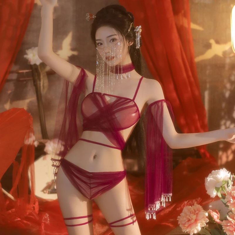 Staroveký čínsky kostým sexy hanfu erotické spodná bielizeň vášeň Midnight Charm Pajamas Mesh zástera