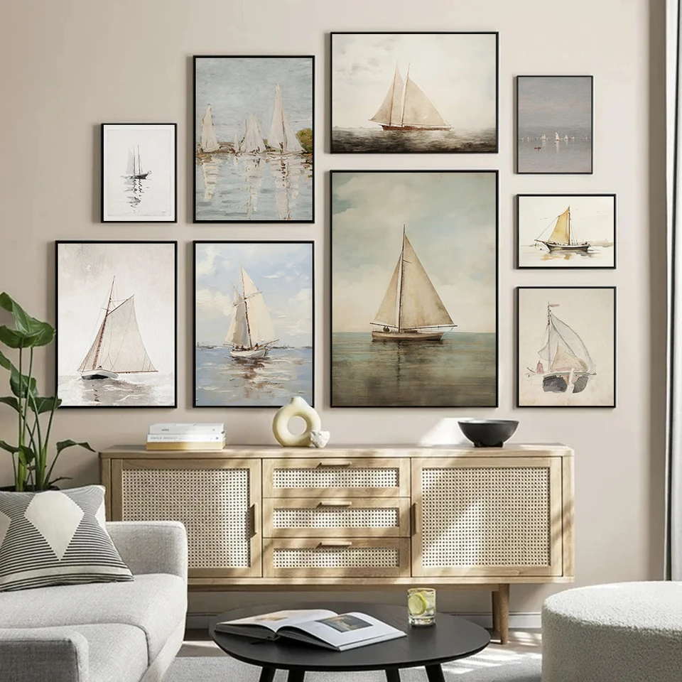 Starožitné námorné tlmené plachetnica loď Seascape pokojný plagát nástenné obrázky plátno maľba maľba Nordic Room Home Decor