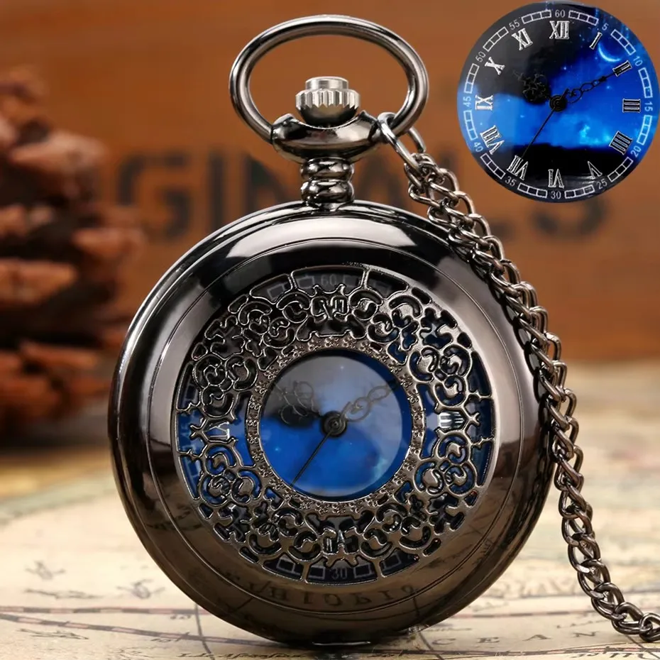 Starry Blue Dial Pendant Bronz Hollow Quartz Pocket Watch Roman číslice retro hodinky