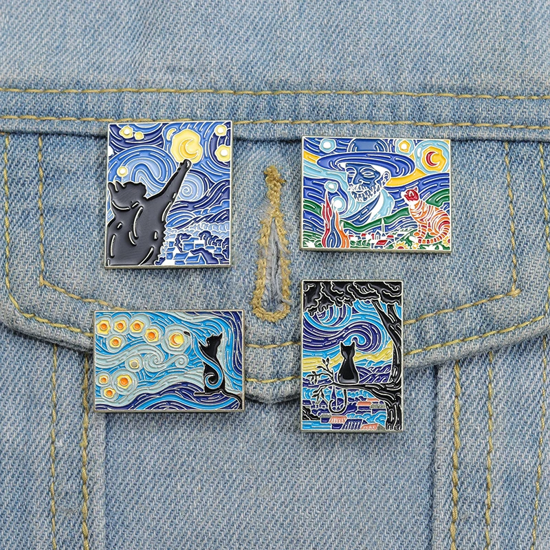 Starry Night Cats Smalt Pins Custom Van Gogh olejomaľba brošne Brožby klošné odznaky Fun Art Art Art Darček pre deti