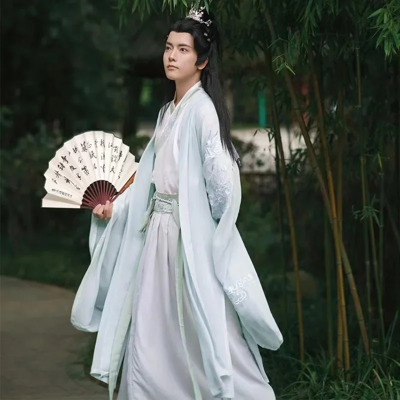Stará rozprávková výšivka Hanfu Pánske obdobie Weijin krížový golier s veľkým rukávom Kostým Svetlo farbu čerstvé nesmrteľné cosplay hanfu