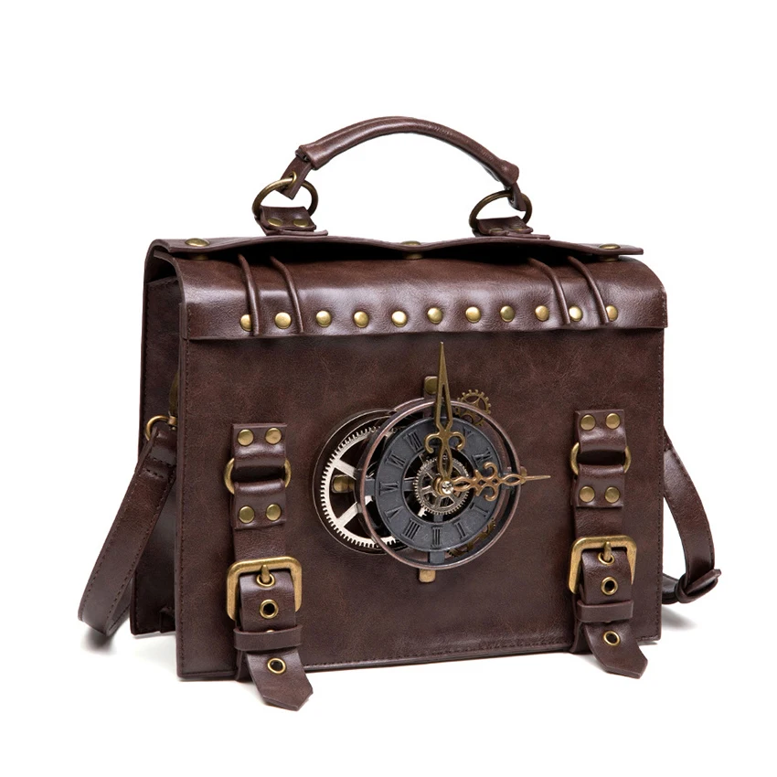 Steampunk aktovka pre ženy vintage kabelka Tote Clock Ramer Parlat Pu Leather Square Messenger Side Crossbody Bag Kuver