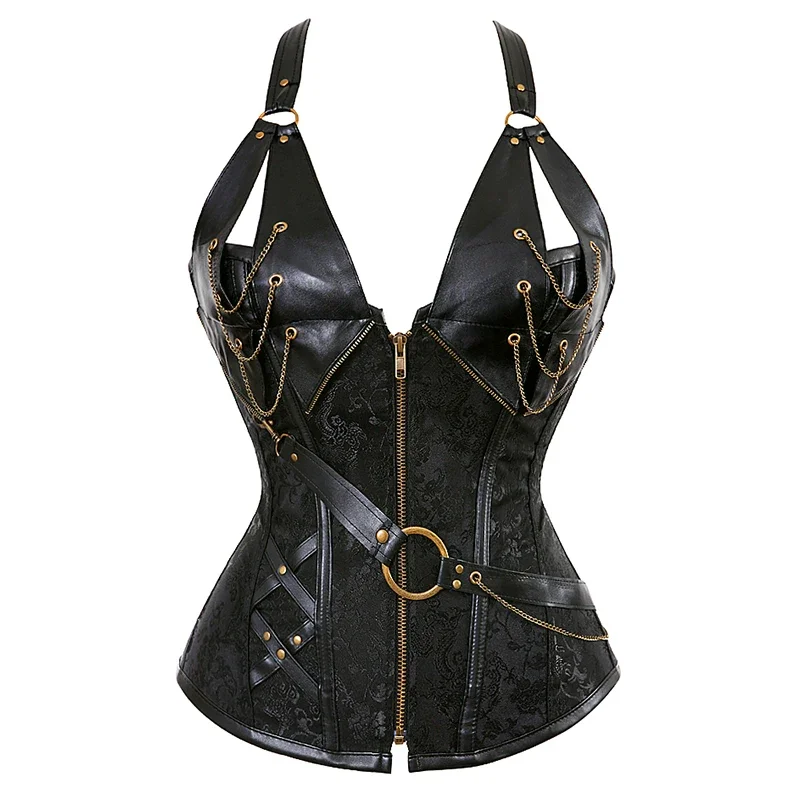 Steampunk korzety pre ženy gotický korzet bustier zipper plus veľkosť vinobranie faux kožená korzet horná hnedá