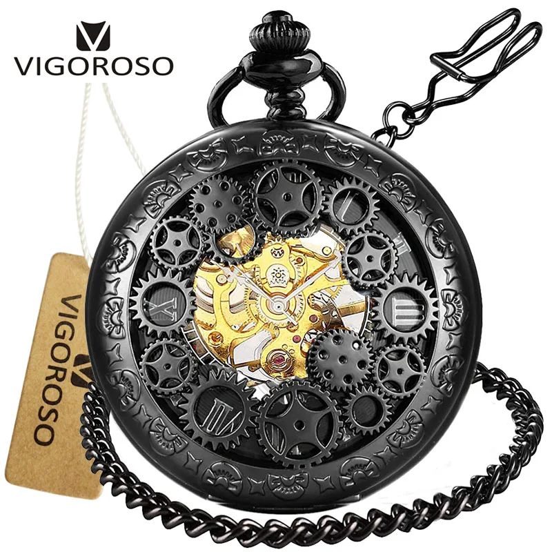 Steampunk Pocket Watch Nový dizajn luxusná značka módne kostrové hodinky Ručne Wind Mechanické vreckové hodinky s reťazou a darčekovou skrinkou