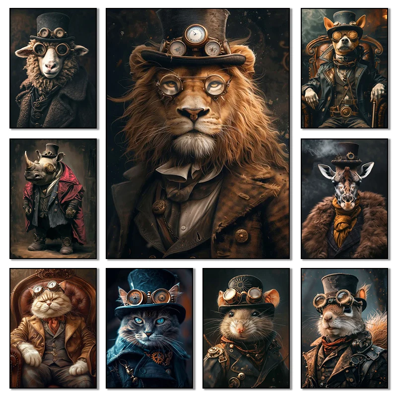 Steampunk Royal Animals Vintage Art Plagáty plátno Tlačové obrazy retro vtipné fanúšik portrét nástenné umelecké obrázky pre domáci dekor