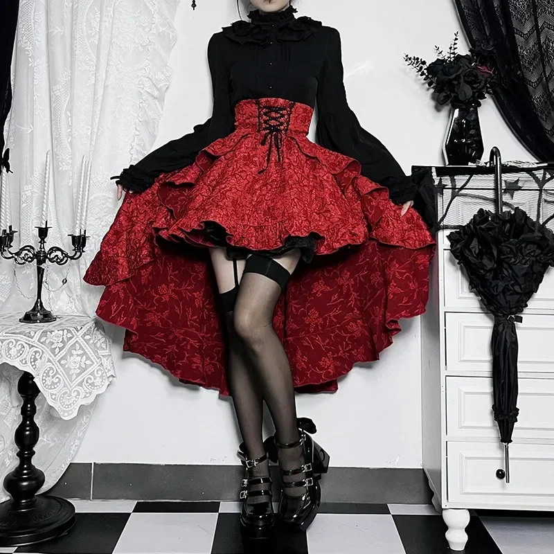 Steampunk Ženy sukne gotické nepravidelné shirring paseed party maxi sukňa s vysokým nízkym kostýmom punk sexy korzet