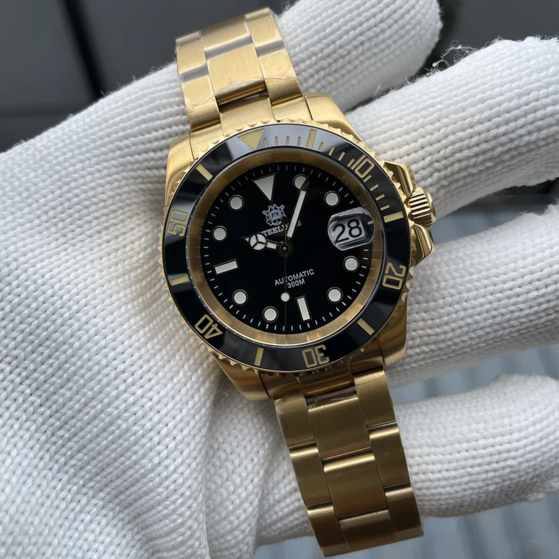 Steeldive Men Automatické hodinky 41 mm zlaté mechanické náramky potápač 300 metrov vodotesný C3 Svetel Sapphire NH35 Keramický rám NH35