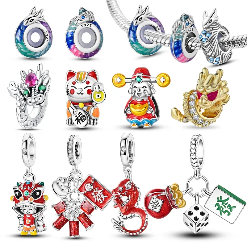 Sterling Silver 925 Klasický čínsky drak Dragon Charm Cat Bead Classic Charm DIY Originálny náramok pre ženy