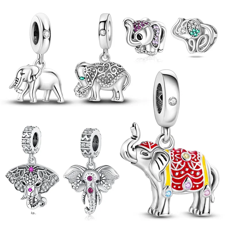 Sterling Silver 925 Zirkónia a farebný slon Dangle kúzlo Fit Originálny náramok DIY jemné šperky vynikajúce darčeky pre ženy