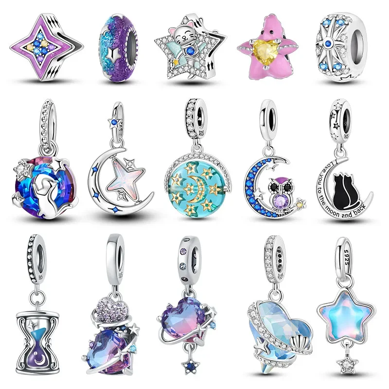 Sterling Silver S925 Shiny Star Charms Moon Petndants Pendants for Original Pandora náramok jemných šperkov pre ženy darčeky DIY