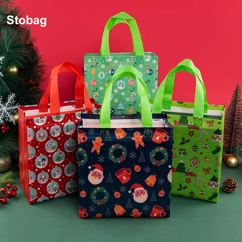 Stobag 12ks Veselé Vianoce netkané tašky Tote Candy Darček Balíčok Detský vodotesný úložný priestor Opätovne použiteľné vrecko Party uprednostňuje