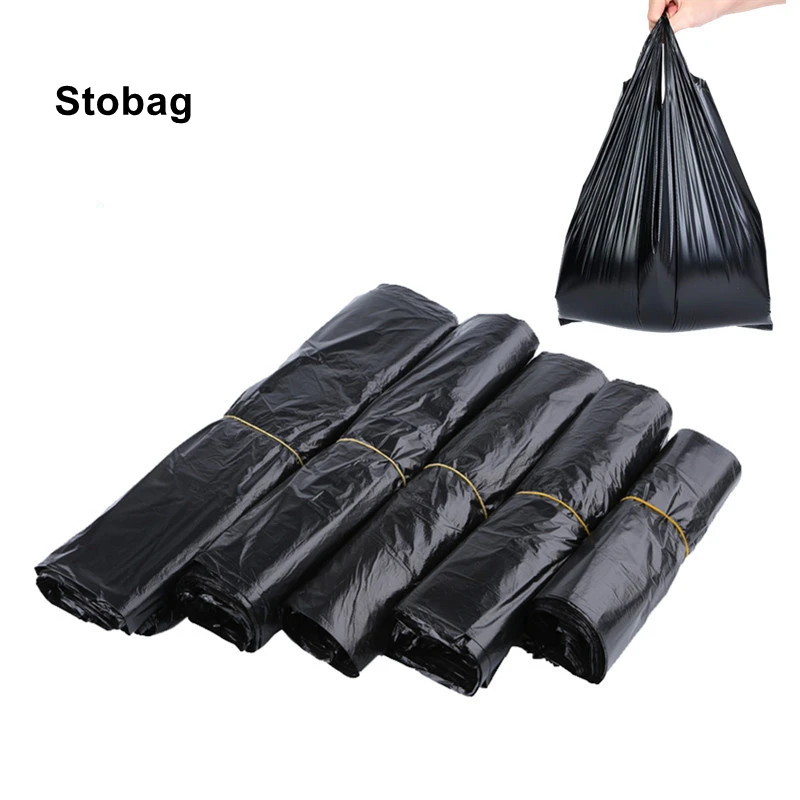 Stobag 500gra/veľa čiernych vreciek na odpadky Plastová vesta rukoväť Domáca jednorazové hrubé odpadky prenosné prenosné kuchyňa