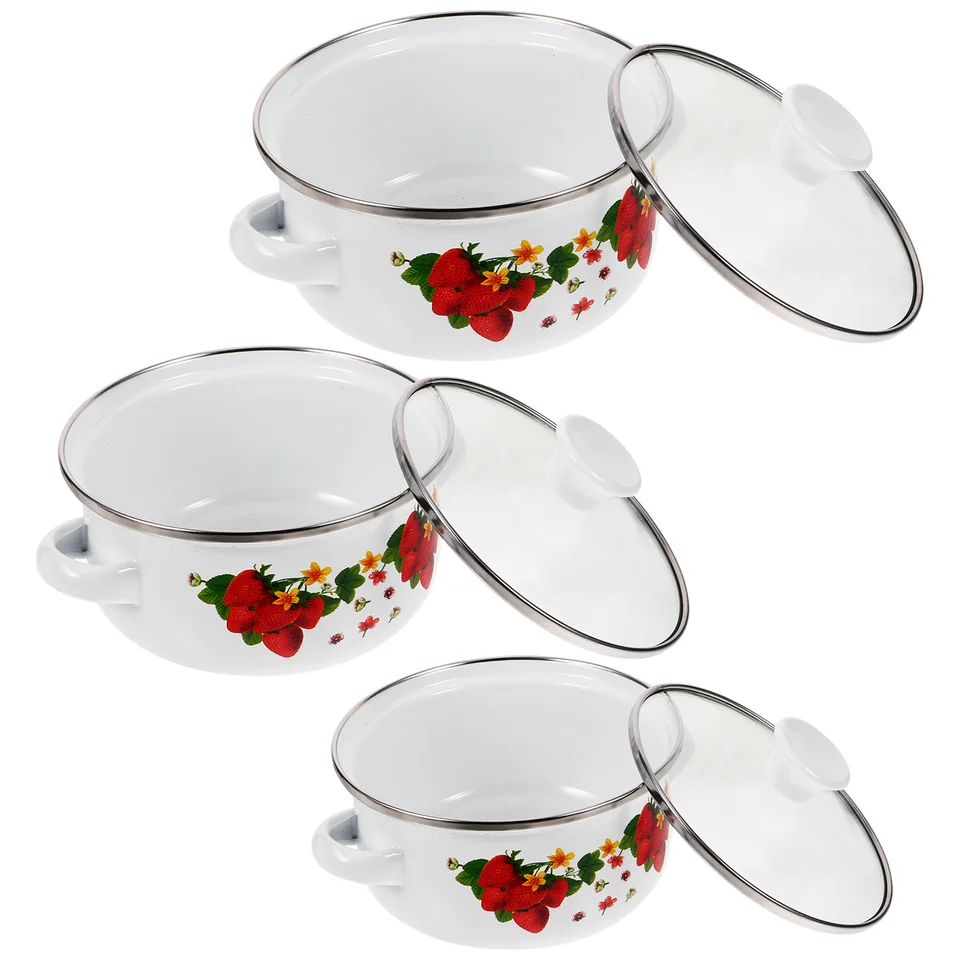 Stockpot ENAMEL MINI SOUP Dvojitý uší olej Instante rezance ploché dno Malé horúce trojdielne sada (zelená kvetina) panvice na varenie