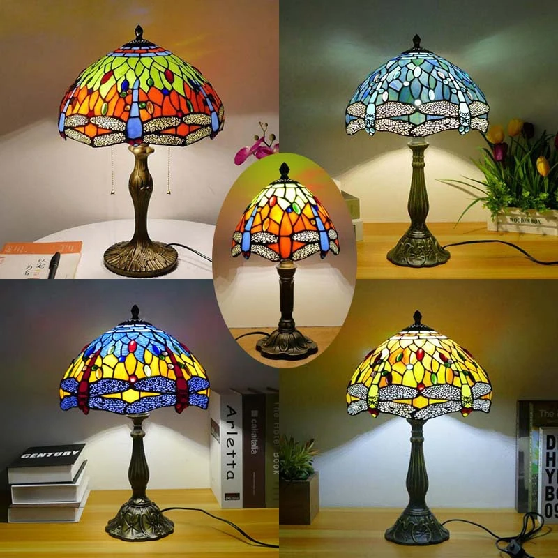 Stolová lampa Oufulla Tiffany American Retro obývacia izba Spálňa lampa luxusný vilový hotel farebný sklenený stôl