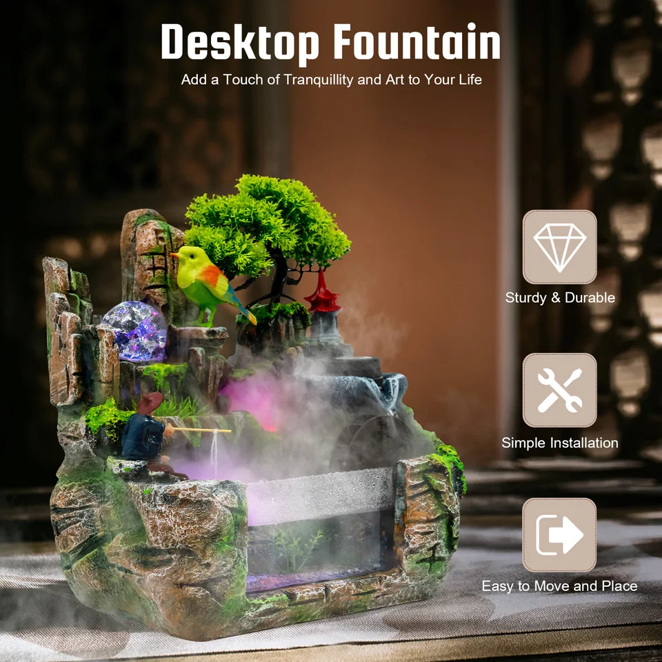 Stolová vodopádová fontána s Rockery Indoor Relax Desktop Fountain Rockery Crafts so svetlou základňou pre dekoráciu stola