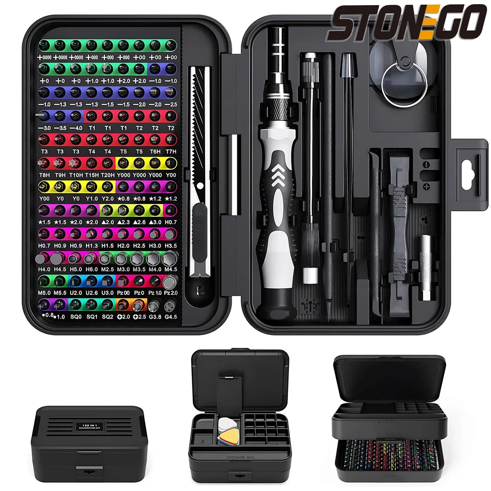 Stonego 132 v 1 mini presný skrutkovač set s identifikáciou farebne, 108 bitov, magnetickým opravným nástrojom s úložným boxom