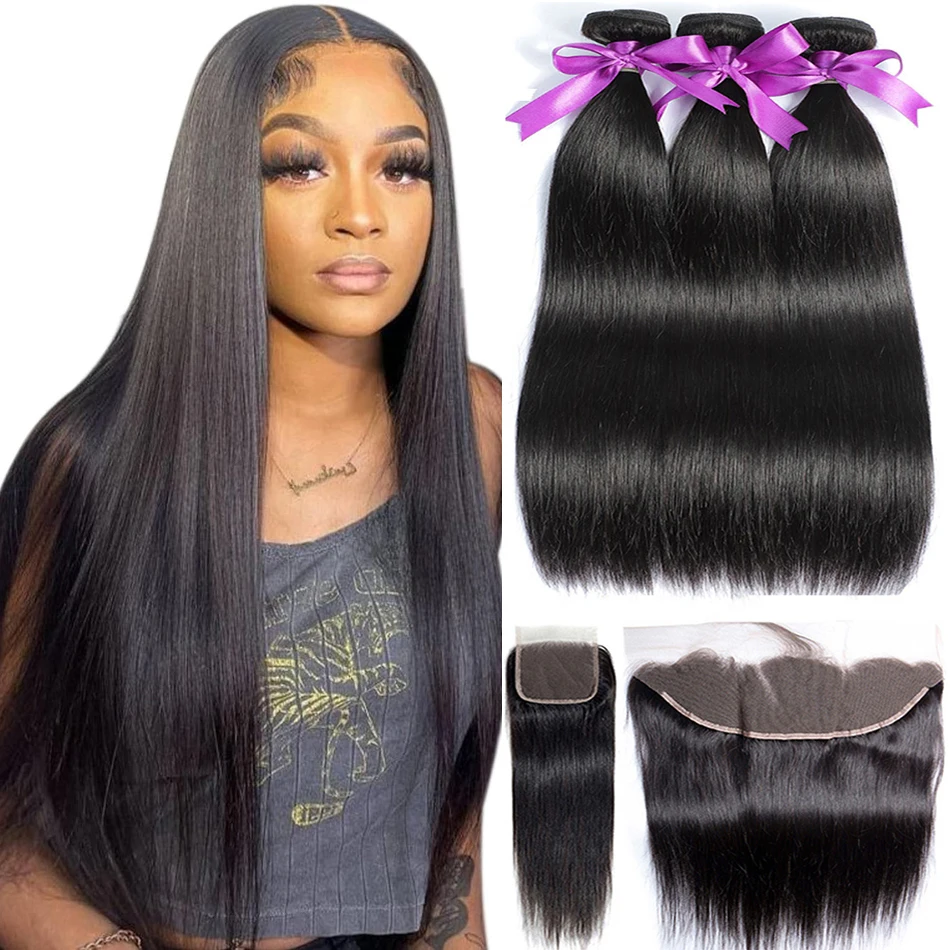 Straight 3 4bundles sa zaoberajú ľudskými vlasmi 13*4LACE Frontals Uzatvorené brazílske vlasy tkajúc sa s rovnými zväzkami 4x4 kostí cheveux