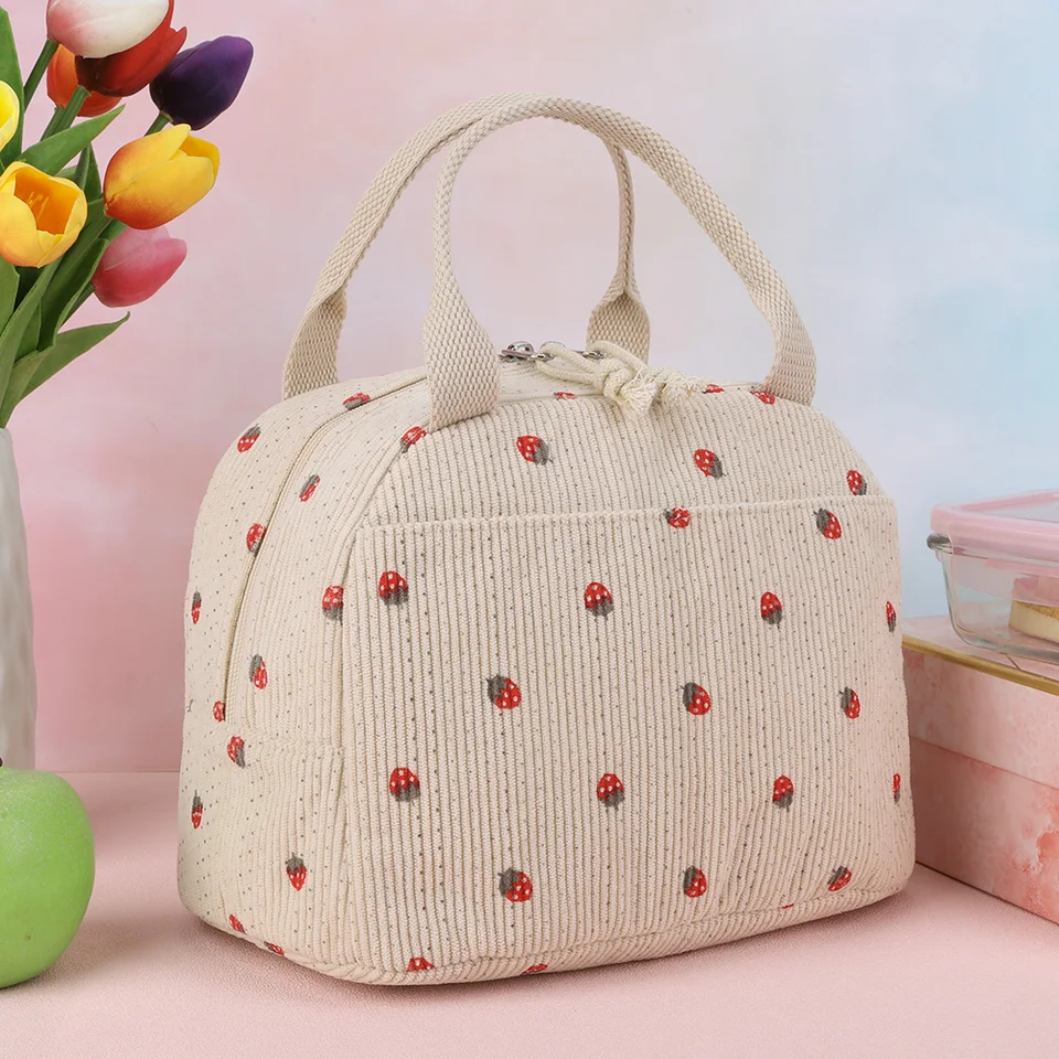 Strawberry/Daisy Corduroy Thermal Bento Bag Veľká kapacita Izolovaná obedová taška Multifunkcia roztomilá obedová taška na kemping piknik