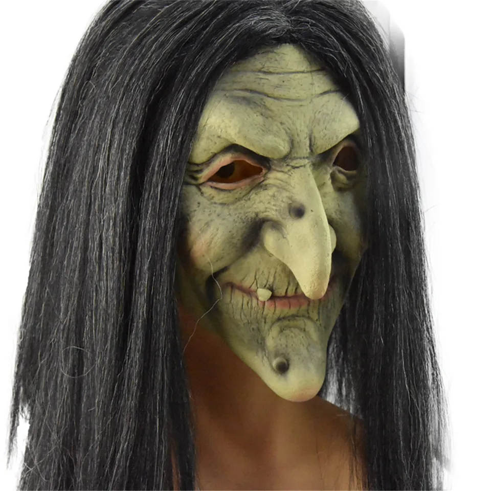 Strašidelná stará maska ​​čarodejnice latex s vlasmi Halloween Fancy Dress Grimace Party kostým Cosplay masky rekvizity pre dospelých o jednu veľkosť