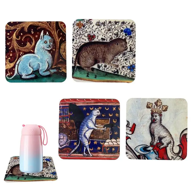 Stredoveké mačky Coasters stolové prestieranie retro pohár podložka 4ks roztomilé vankúšiky s horúcimi miskami Viacfarebné nápoje Coasters jedálenské dekorácie doplnky