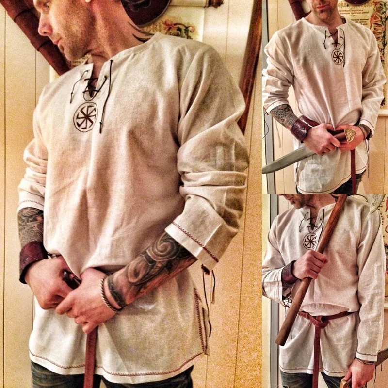 Stredoveké renesančné cosplay kostýmy muži Vikings pirátske vrcholy retro tričká tunickej tunickej starovekého slovanského rytierskeho bojovníka outfit Halloween