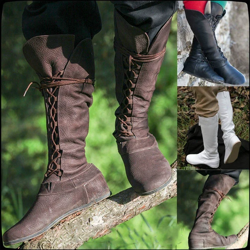 Stredoveké retro ženy princezná muži princ rytier cosplay kožené krátke členkové topánky gotické karnevalové párty s vysokou trubicou obväzy topánky