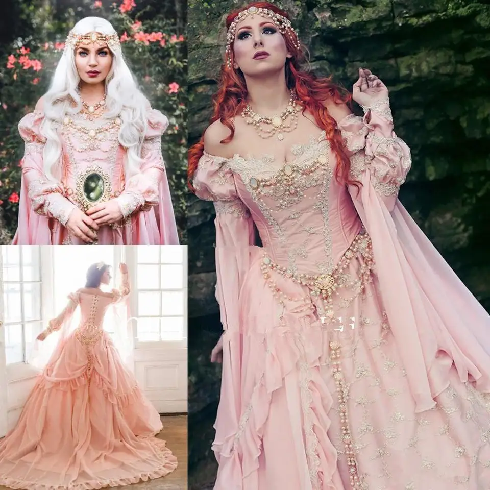 Stredoveké ružové šaty s loptou svadobné šaty 2024 Z ramena Rameny Ruck Ruckve Lace Perly Garden Gothic Lace-Up Svadobné šaty