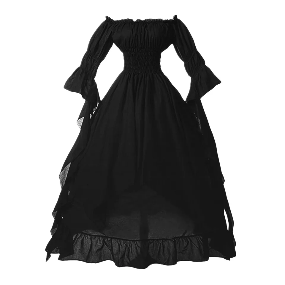 Stredoveké upírske čierne šaty župan pre ženy z ramenného sleva rukávy sexy čarodejnica duchovný kostým gothic maxi dress Vestidos