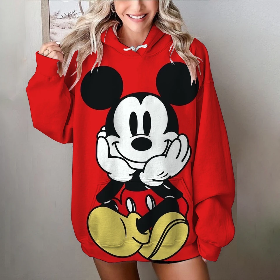 Street Women Mikiny Disney Minnie Mickey Mouse Print Hoodies CrewNeck Loose Pullover Female Tops oblečenie