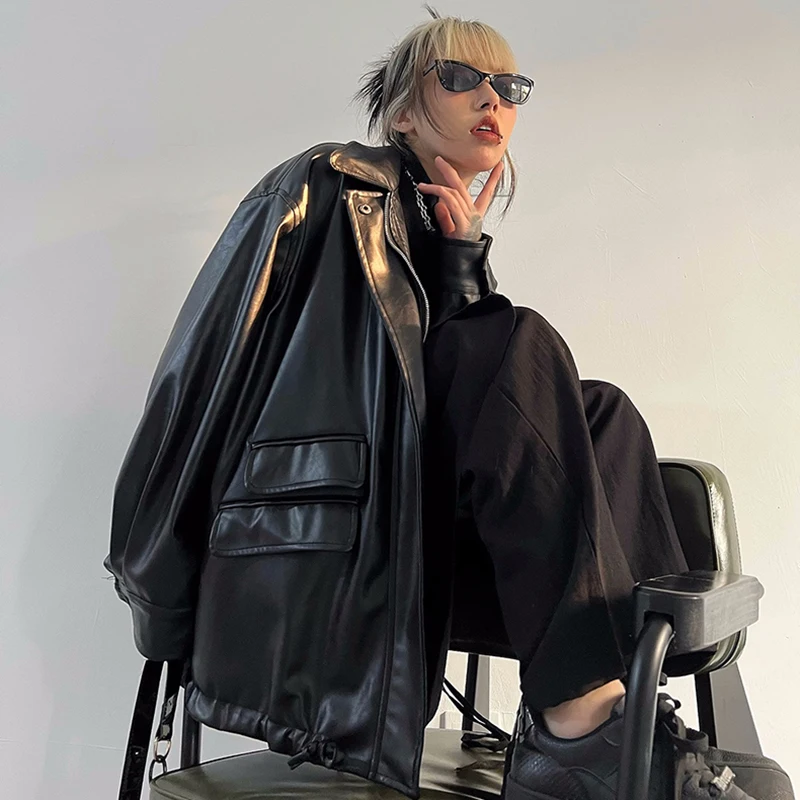 Streetwear Black Pu faux kožené kabáty Dámske nadmerne gotické bundy y2k voľné vrecko Cool dámy