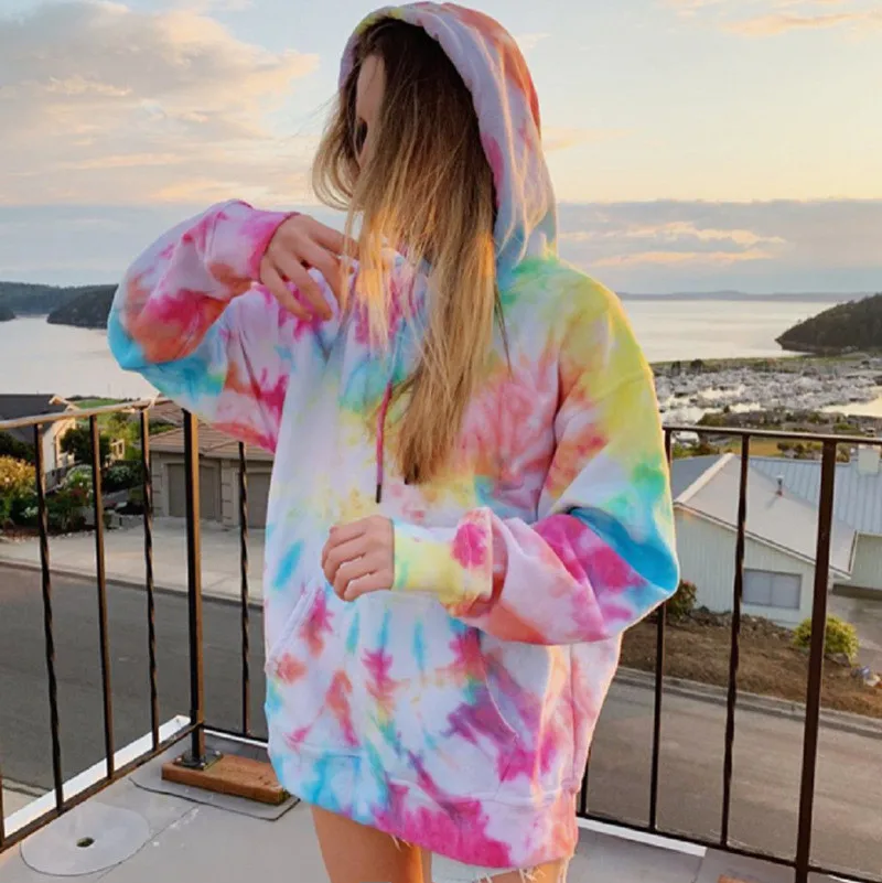 Streetwear Dámske mikiny s kapucňou nadmerne nadmerné kravaty potlačené pullover neformálne zimné rukávy blúzka Kóre