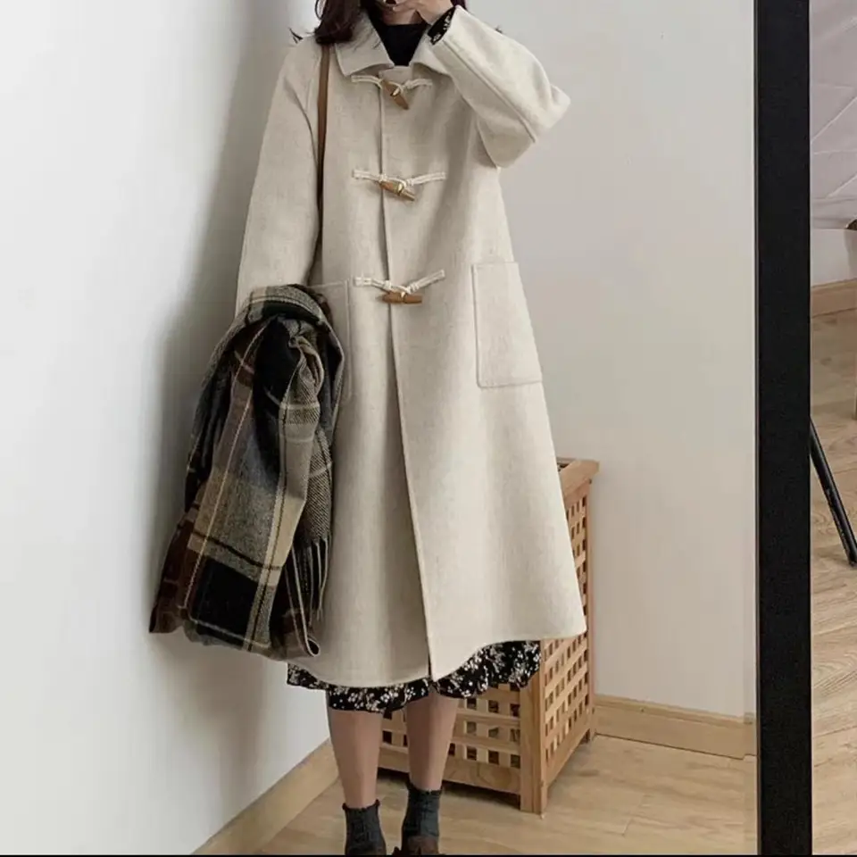 Streetwear Horn Buckle Woen Trench Coat pre ženy móda módny obojok vrecko jednoduchý kabát midi dĺžka kabátovej bundy