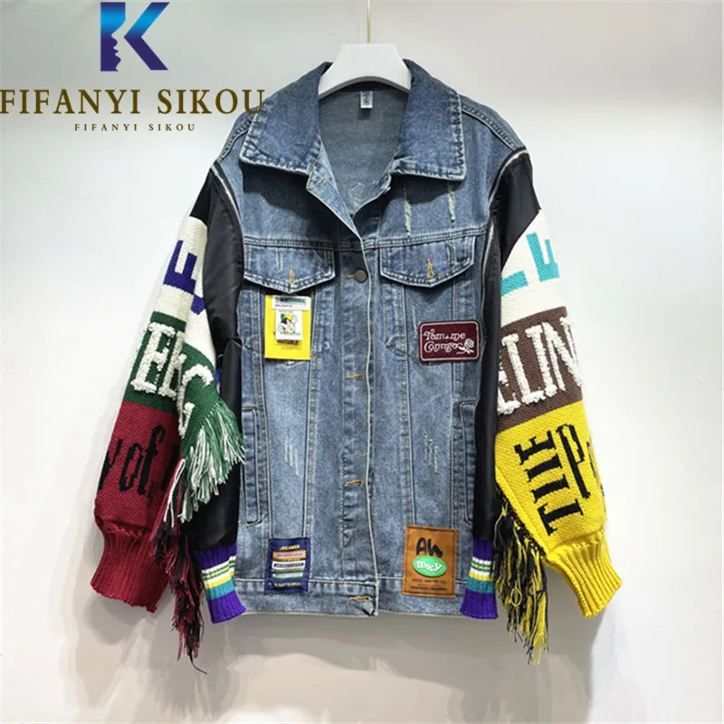 Streetwear Jeans bunda dámsky list pletený zostrihaný s dlhým rukávom džínsová bunda