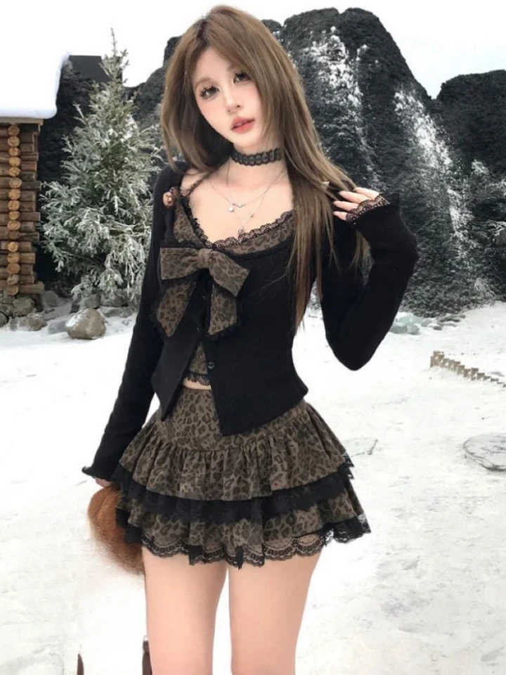 Streetwear Sexy 2 kusy Set Ženy leopardové patchwork Grunge Tričko + y2k estetické mini leopardové skladané sukne vintage oblečenie