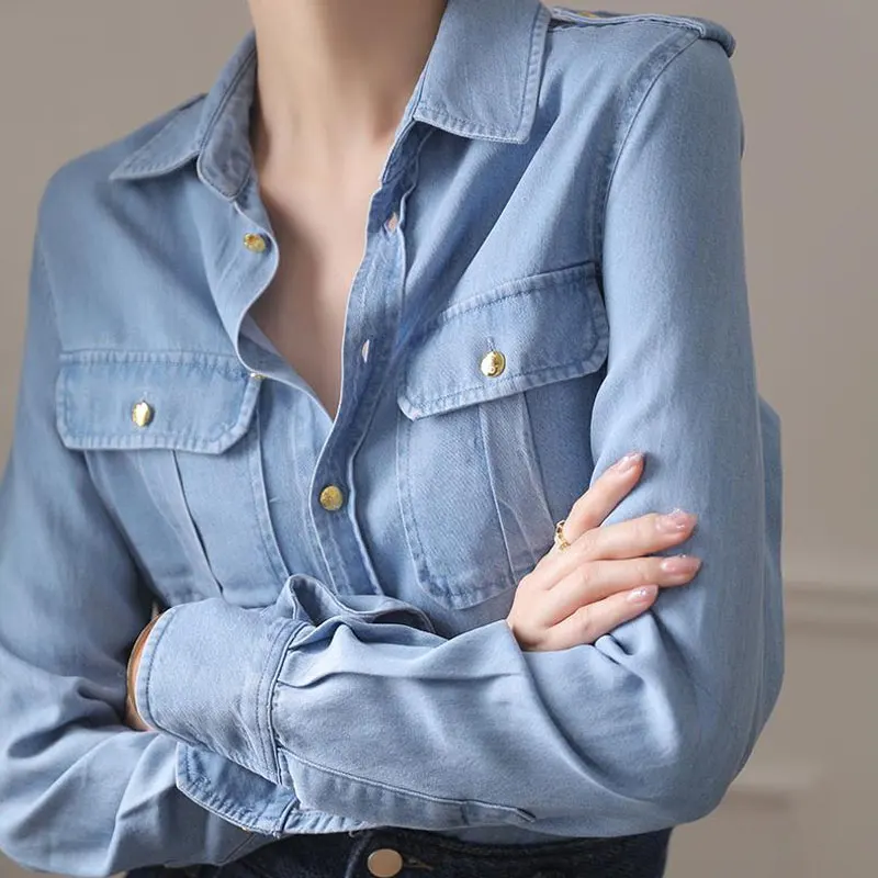 Streetwear Solid Color Stylish Epaulet Blúzka ženské oblečenie s dlhým rukávom s jednostranným vreciek