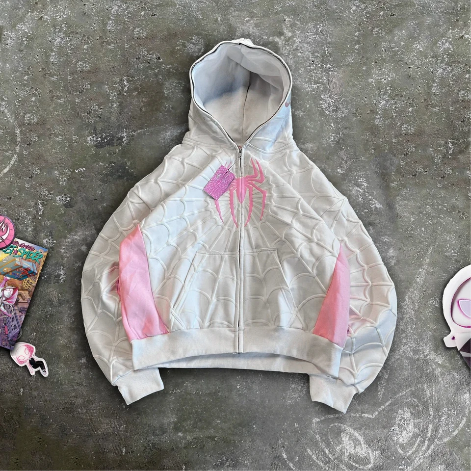 Streetwear White Zip Up Jacket Men Ženy Harajuku hip hop anime postava Grafická potlač nadmerne veľkú mikinu y2k gothic mikina