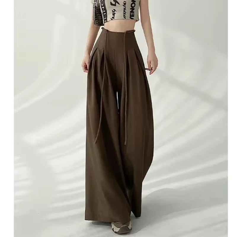 Streetwear Widew Leg Pants Ženy Kórejský čierny pásový oblek High Pants Letné móda Elegantné šnurovanie rovných nohavíc