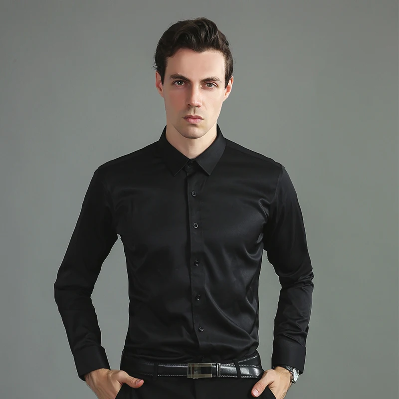 Stretch košeľa pánsky s dlhým rukávom hodvábny hodváb Soft Slim Slim Fit Business Past Módne večierok Top čierna a biela modrá fialová šedá burgundsko