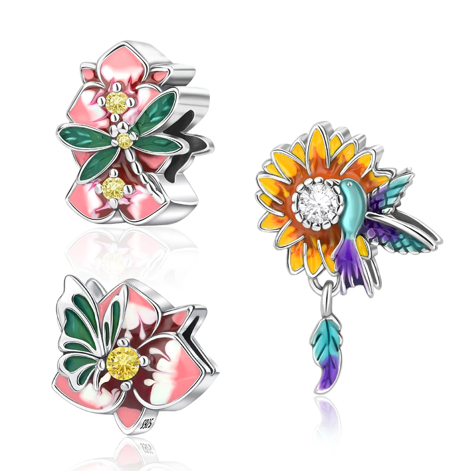 Strieborná farba Dragonfly Twin Flower Less Fit Pandora kúzla strieborná farba Originálny náramok pre výrobu šperkov