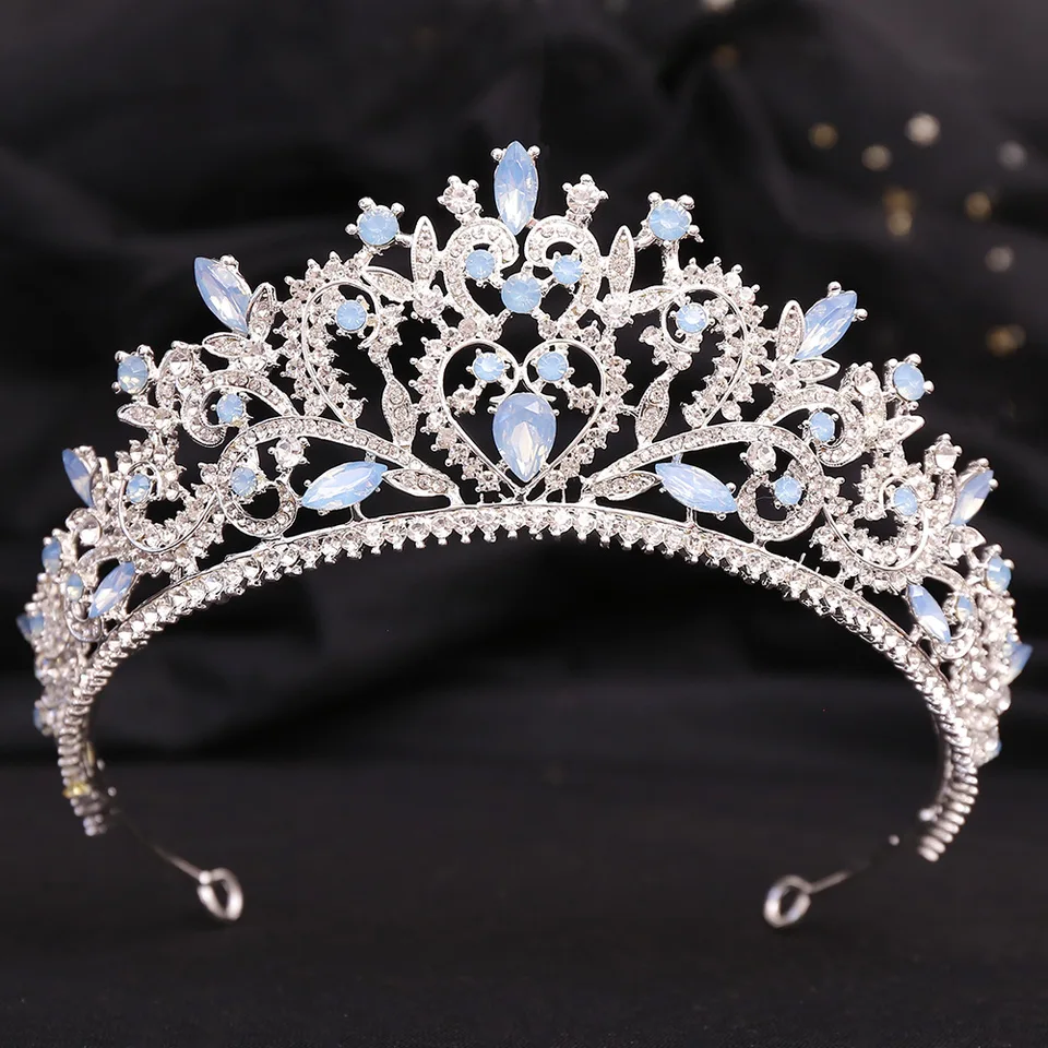 Strieborná farba modrá zelená opálová krištáľová koruna Tiaras Barokový vintage koruna diadémový kamienok