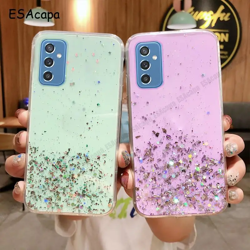 Strieborná fólia Glitter Soft Pase pre puzdro pre Samaung M52 M62 A03S A82 A32 5G F62 SHINING TPU TRUSPArent Cover pre Galaxy Quantum 2