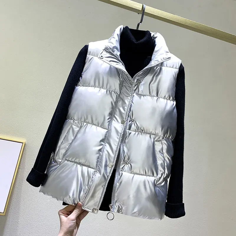 Strieborná vesta plus veľkosť dámsky stánok Parkas Parkas Zimná lesklá bavlnená čierna kabát bez rukávov Krátke dámy
