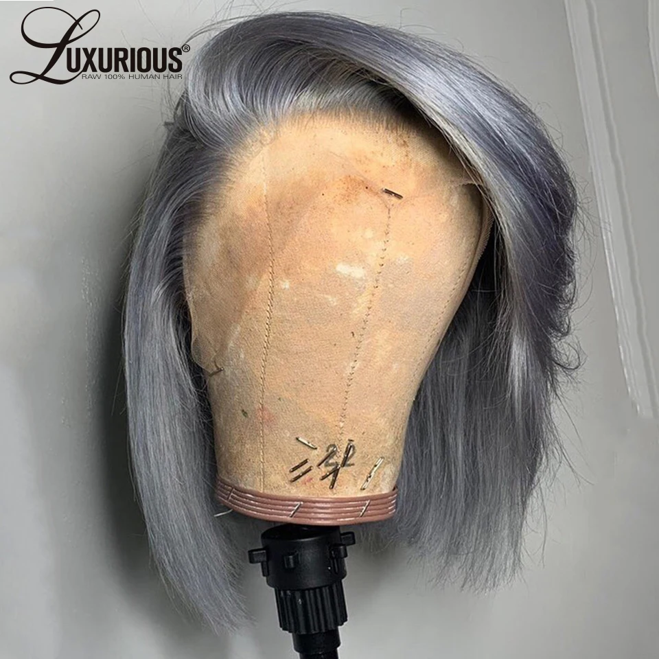 Strieborná šedá krátka bobová parochňa Parochne predné ľudské vlasy Parochne pre ženy priehľadné 613 Blonde čipka Čelné parochňu Brazílska remy Hair Parochňa