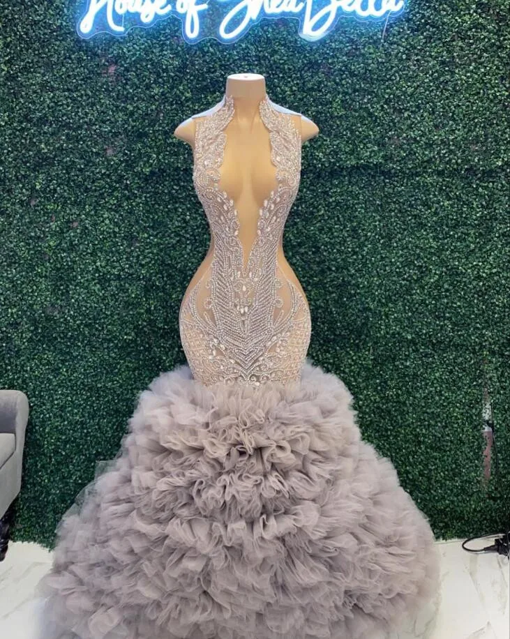 Strieborné diamantové trúbky večerné šaty pre ženy iskrivé krištáľové voláre čierne dievča prom narodeninové šaty Vestidos de 15 años