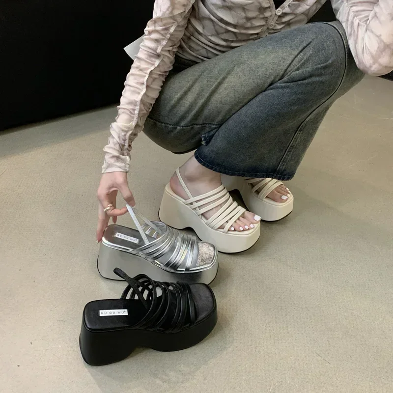 Strieborné klinové sandále Dámske topánky Čierny opasok Vysoké podpätky Gladiátor Chunky podpätok letné kliny Zapatos de mujer