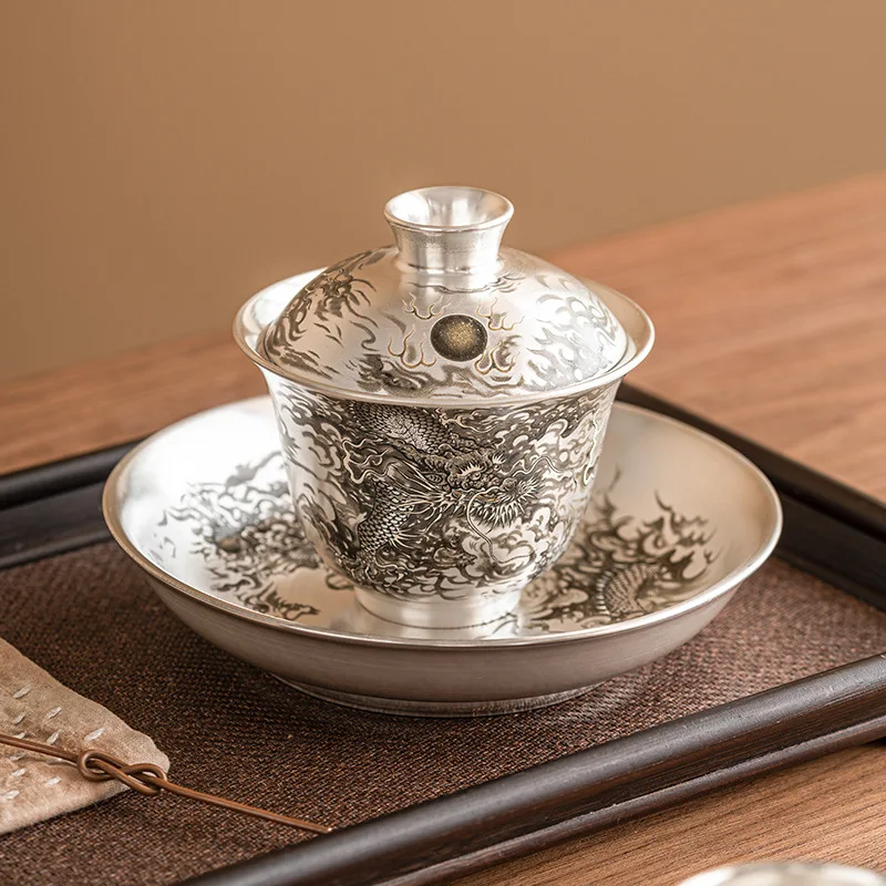 Strieborné pokovovanie porcelánu Dragon Gaiwan Set na čajový čajový šálka Čínske misky Chawan Tea Obrad Set Lily Deng's Store