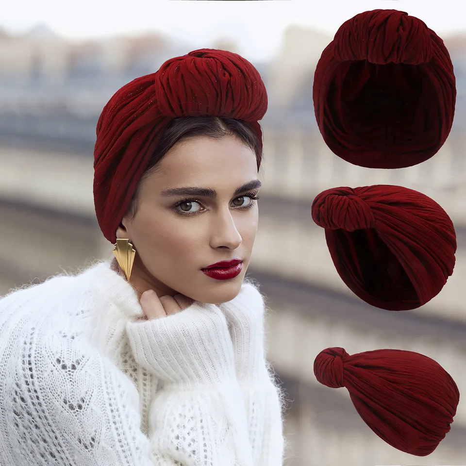 Strieborné vlákno uzol Turban Cap for Women Fashion Lady Hlava zabalí africký kryt hlavy kapota chemoteraps Chemo Caps Turbante Mujer